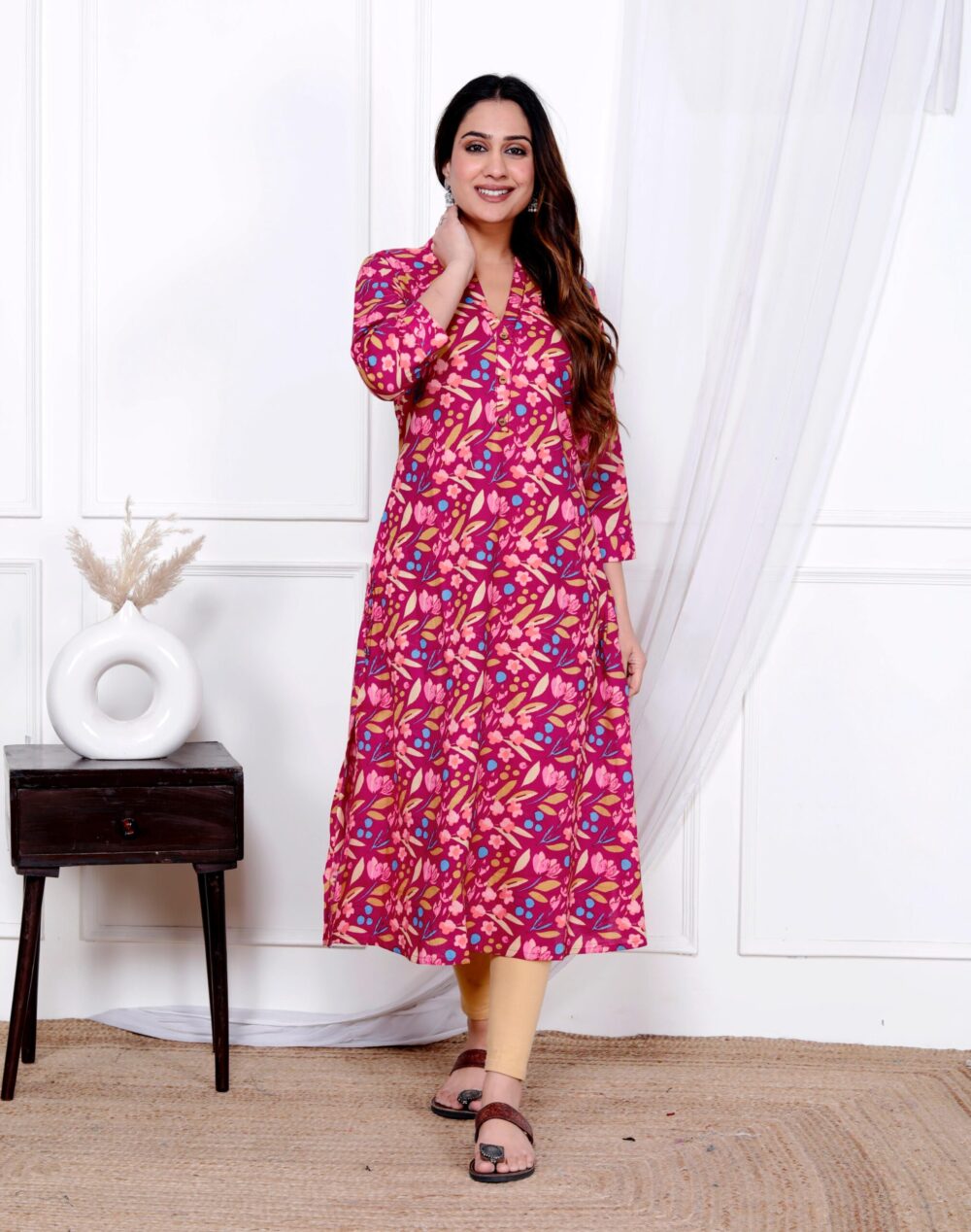 Pink with Blue Floral Printed A-line Kurti