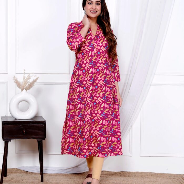 Pink with Blue Floral Printed A-line Kurti
