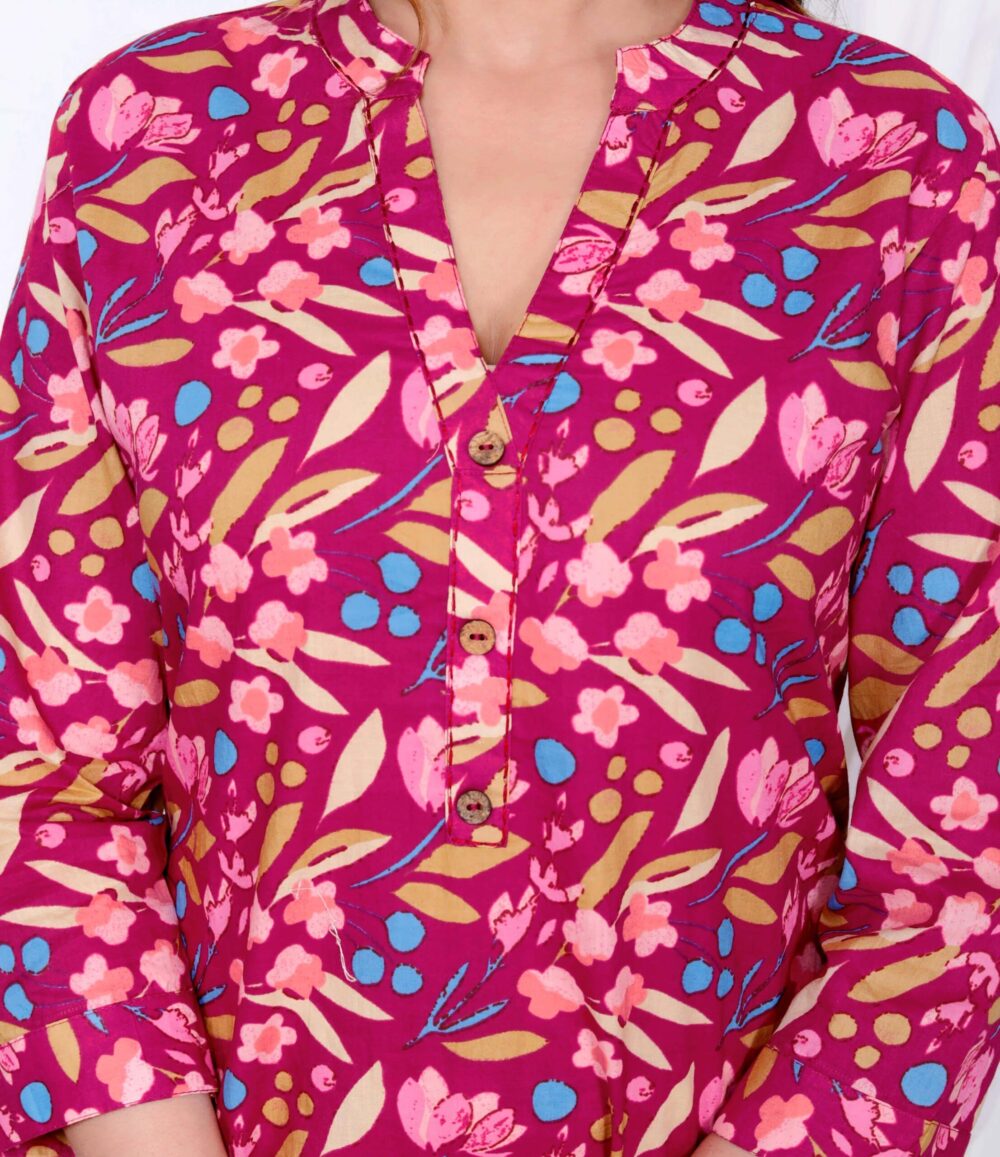 Pink with Blue Floral Printed A-line Kurti