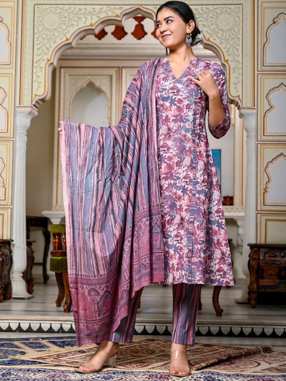 Elegant Floral Print Angrakha Set