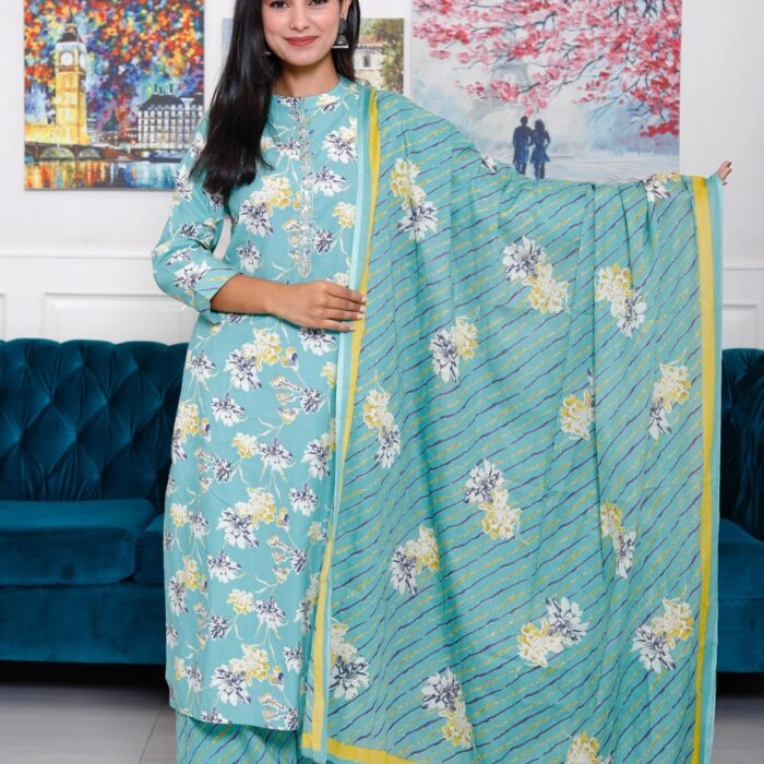 Blue With Floral Print Kurta Palazo Dupatta Set