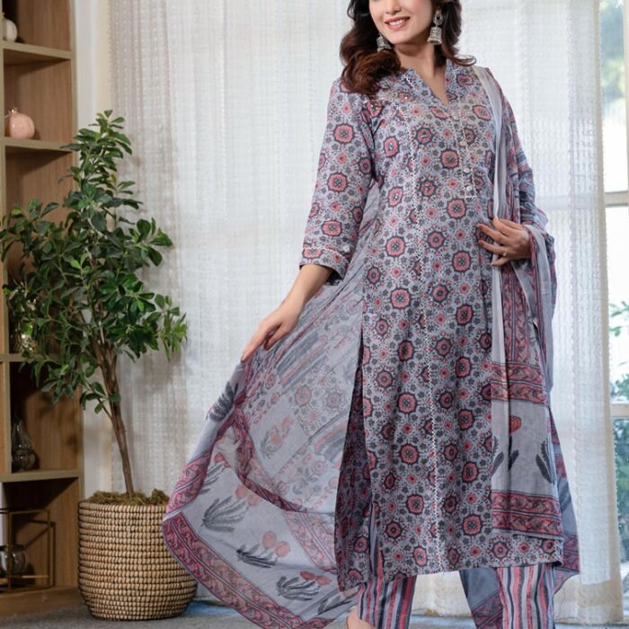 Cotton Summer Gray Kurti Pant And Dupatta Set