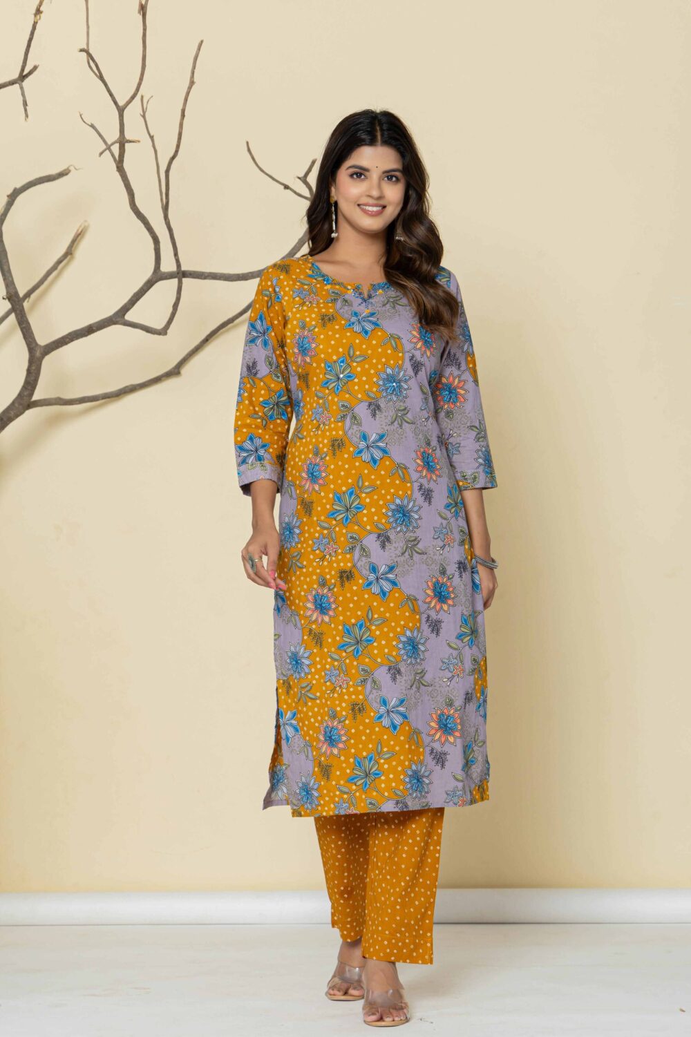 Yellow Floral Print Kurti Pant Dupatta Set - Image 3