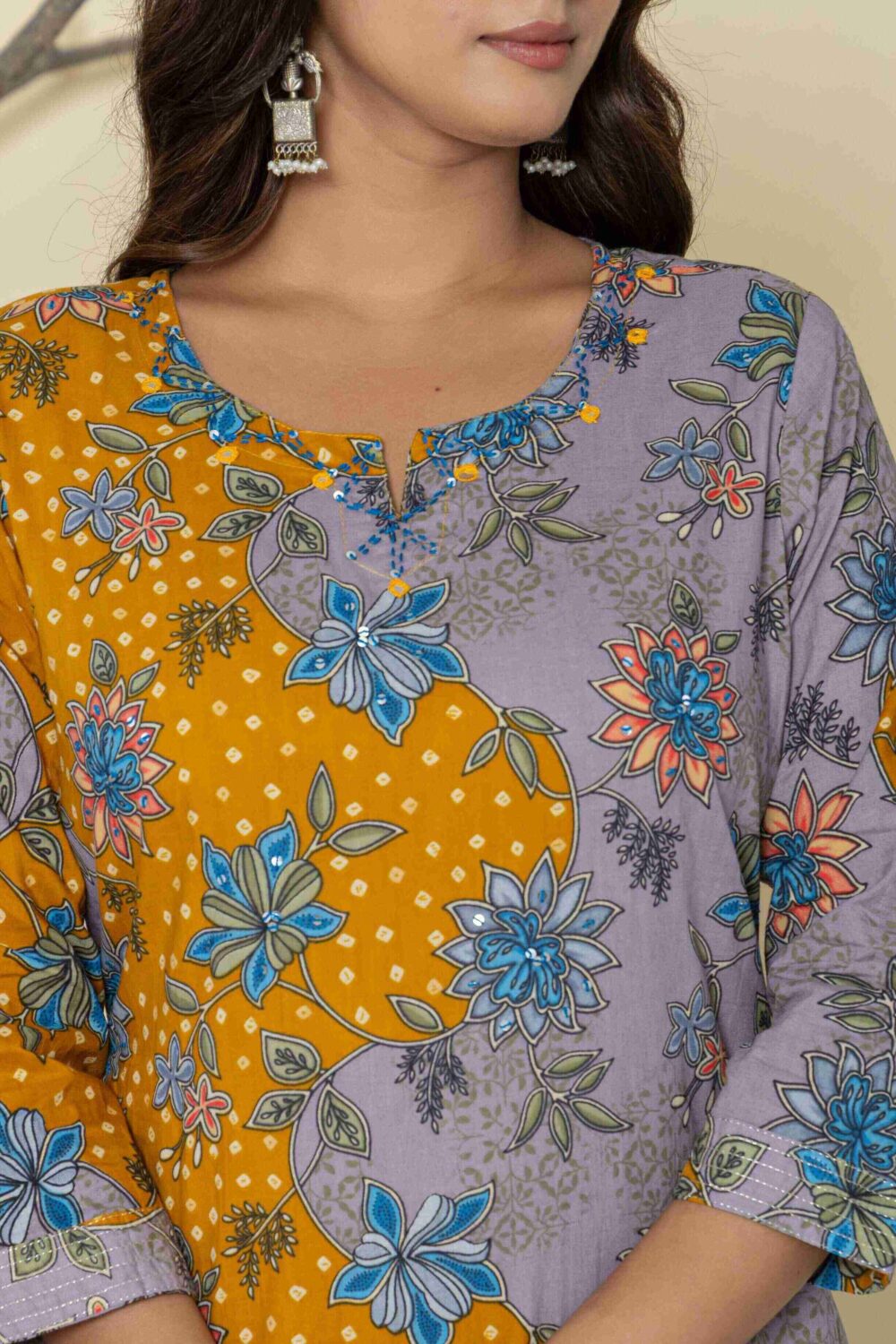 Yellow Floral Print Kurti Pant Dupatta Set - Image 4