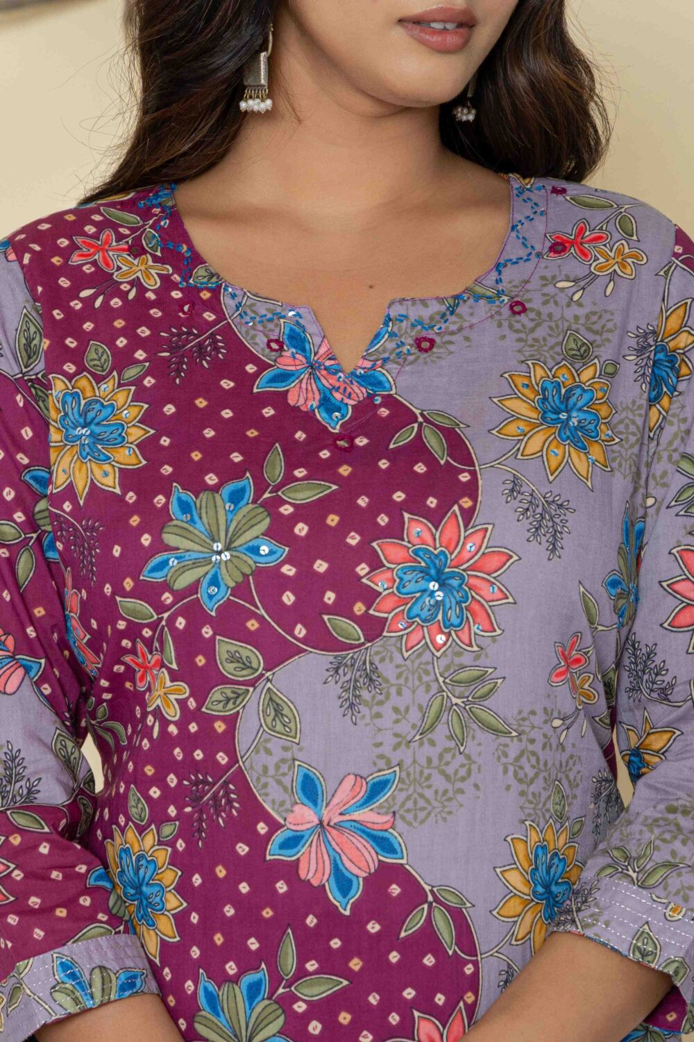 Purple Floral Print Kurti Pant Dupatta Set - Image 3