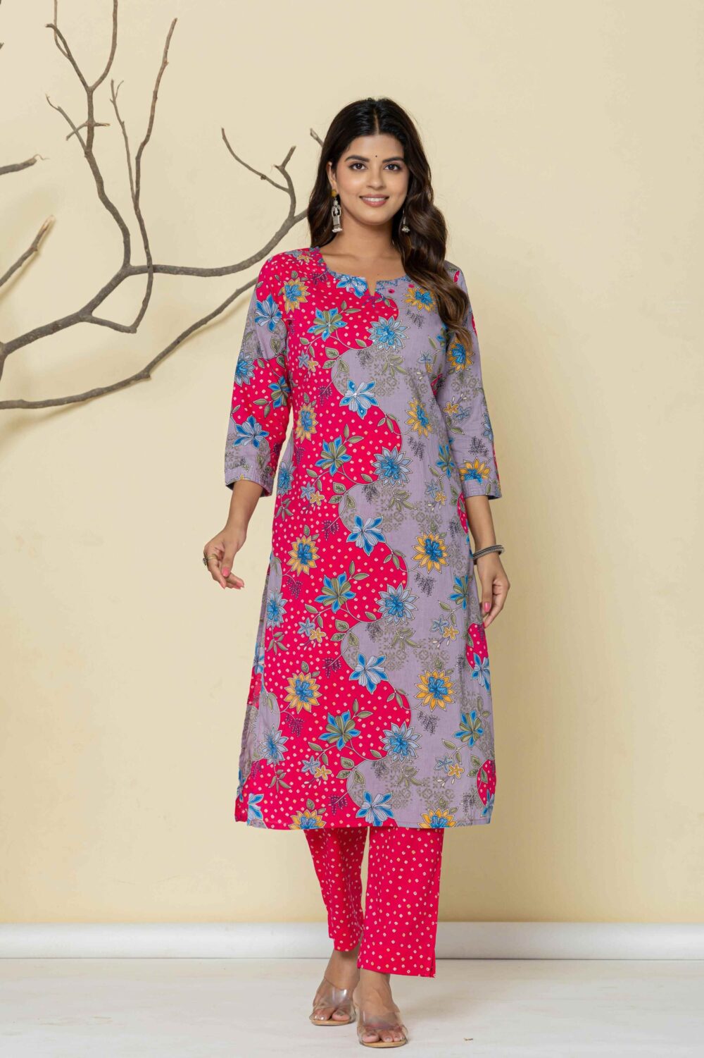 Pink Floral Print Kurti Pant Dupatta Set - Image 3