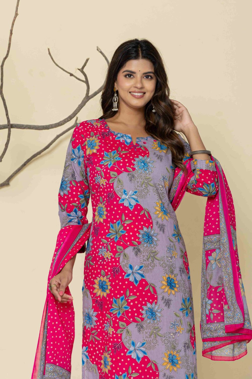 Pink & Grey Printed Kurti Pant Set for Women – Stylish Ethnic Daily Wear