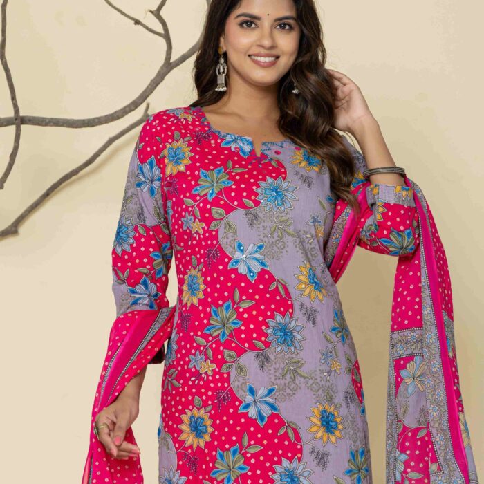 Pink & Grey Printed Kurti Pant Set for Women – Stylish Ethnic Daily Wear