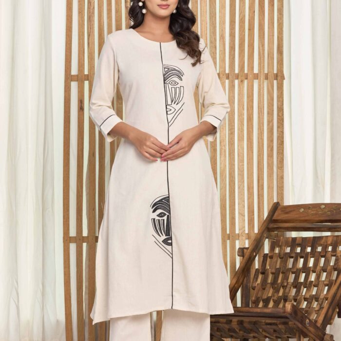 White cotton flex kurta pant set with elegant design