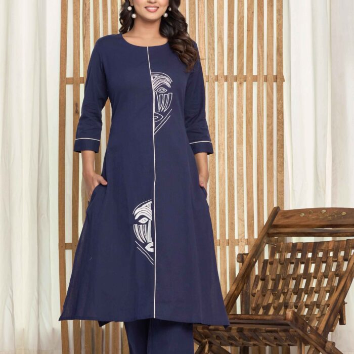 Blue cotton flex kurta pant set with elegant design