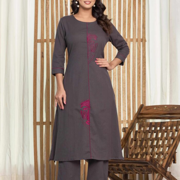 Gray cotton flex kurti pant Set and embroidery design
