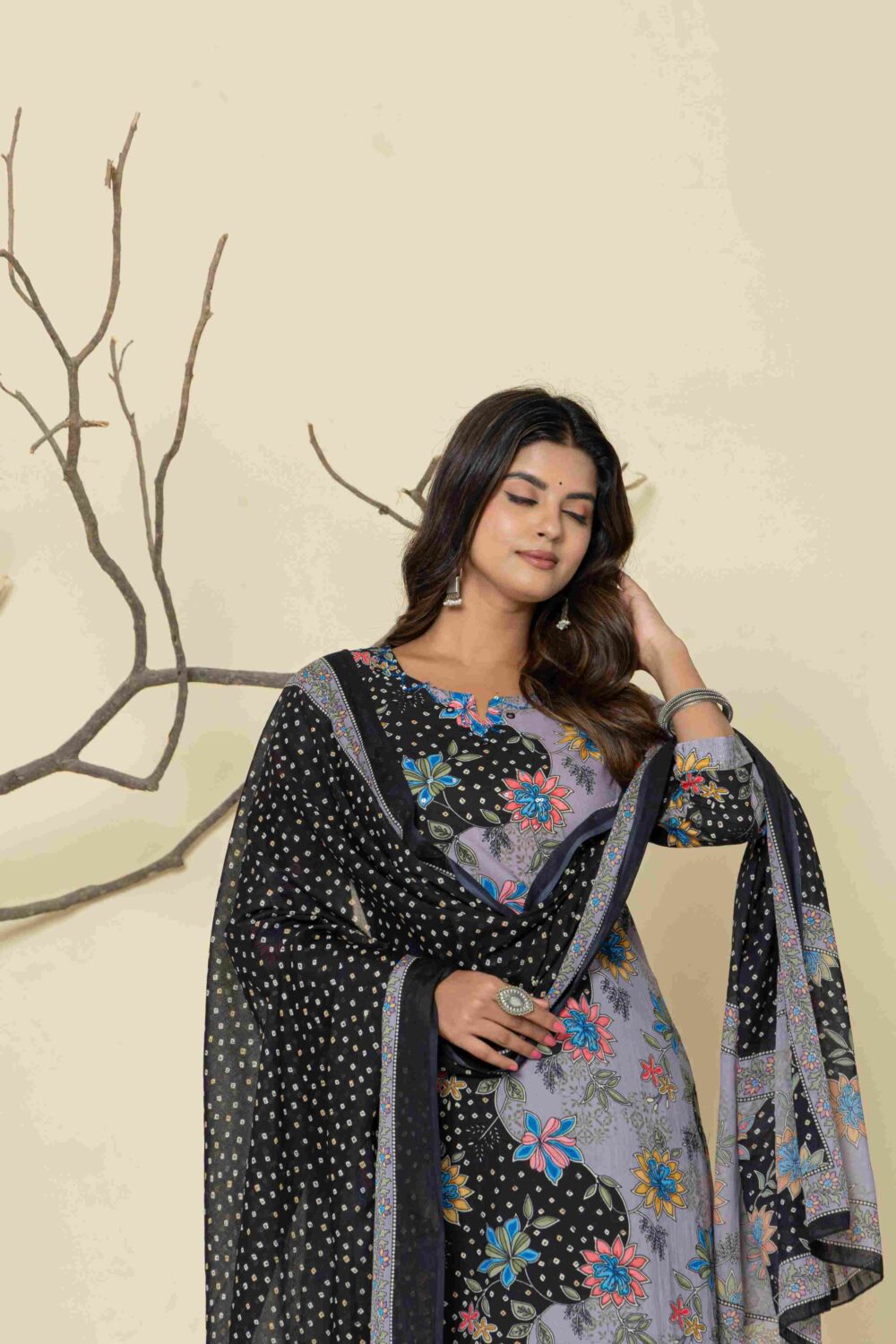 Black and Gray Printed Kurti Pant Set for Women