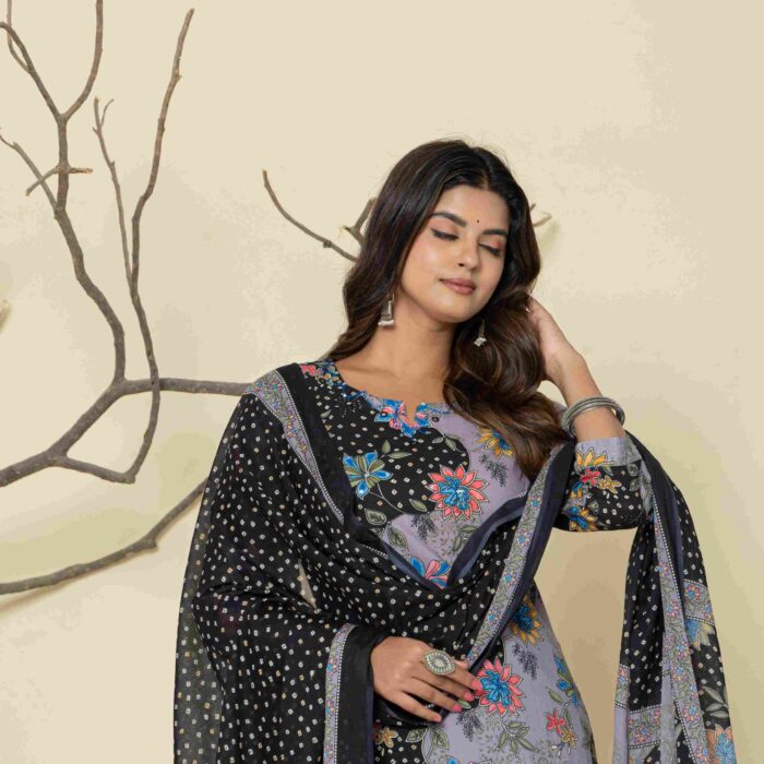 Black and Gray Printed Kurti Pant Set for Women