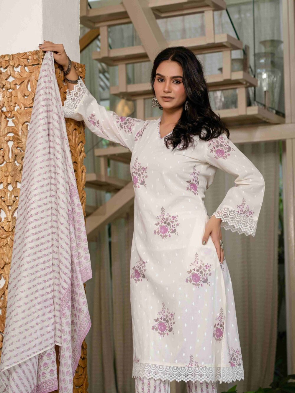 White floral printed kurti pant dupatta set for women by HK Vastra