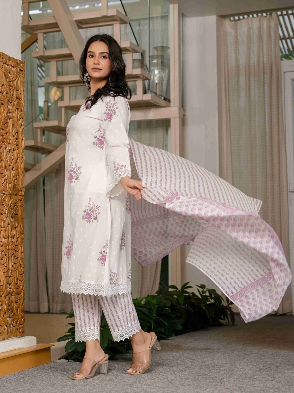 White floral printed kurti pant dupatta set for women by HK Vastra – elegant ethnic wear