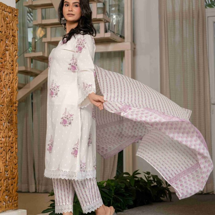 White floral printed kurti pant dupatta set for women by HK Vastra – elegant ethnic wear