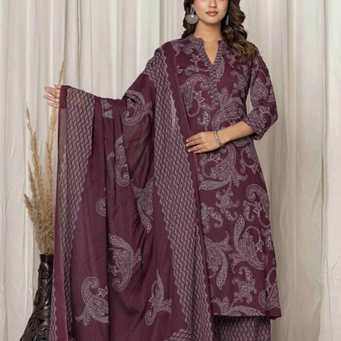 Maroon printed A-line kurta palazzo and dupatta set for women with ethnic paisley design