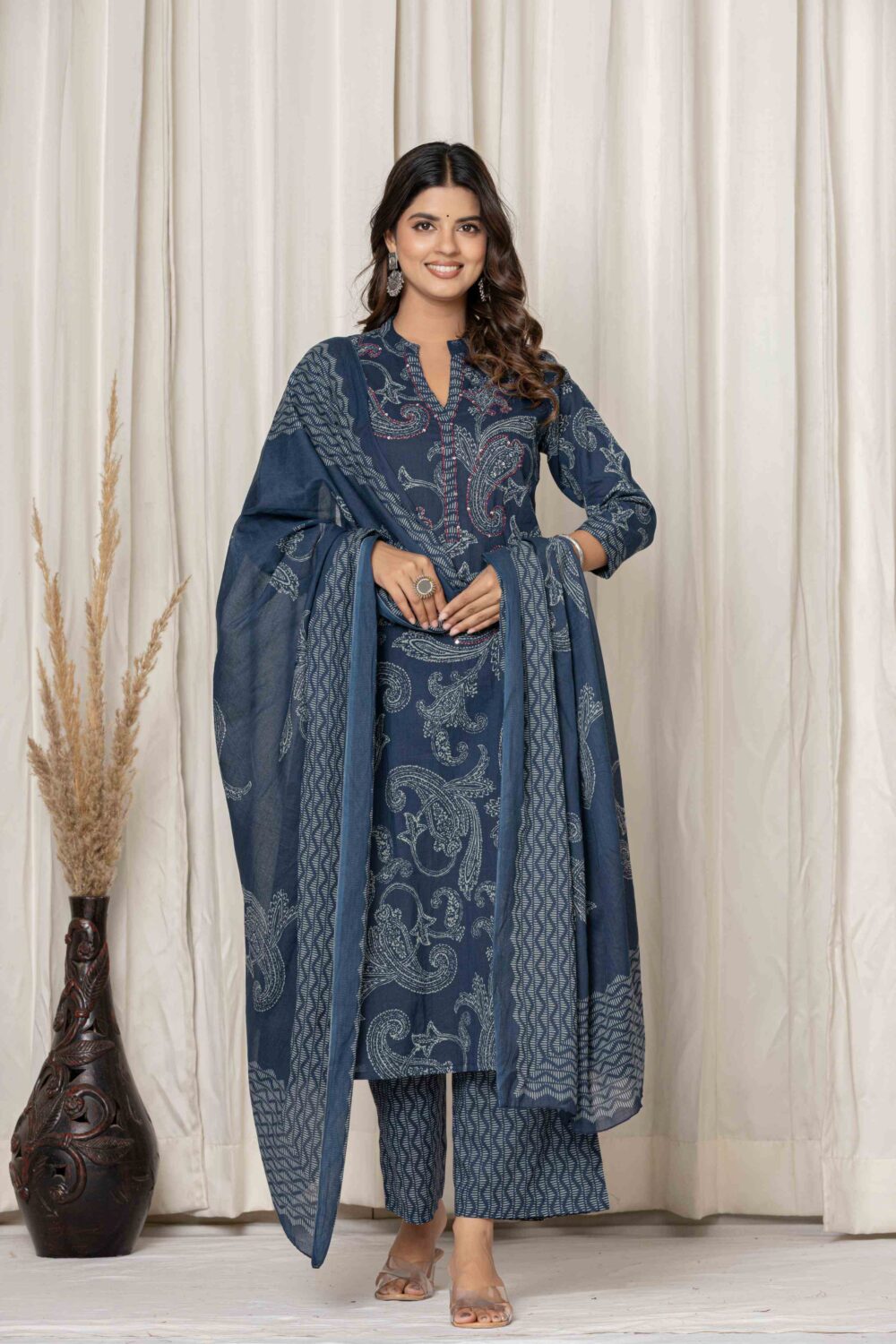 Blue printed A-line kurta palazzo and dupatta set for women with ethnic paisley design