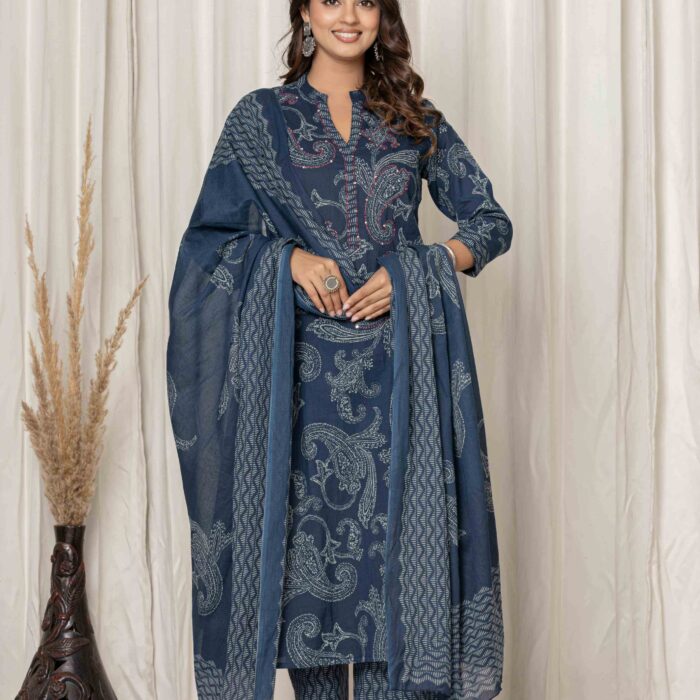 Blue printed A-line kurta palazzo and dupatta set for women with ethnic paisley design