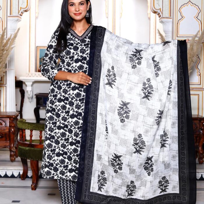 HK Vastra Black and White Floral Print Cotton Kurta with Zig-Zag Pants and Dupatta - Latest Jaipuri Ethnic Wear for Women