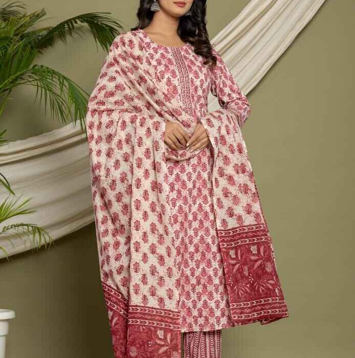 Maroon and white floral hand block printed cotton kurta pant and dupatta set by HK Vastra