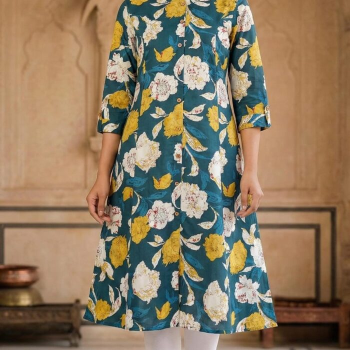 A woman wearing a teal blue A-line cotton kurti with large yellow and white floral prints, featuring a mandarin collar, front buttons, and 3/4 sleeves.