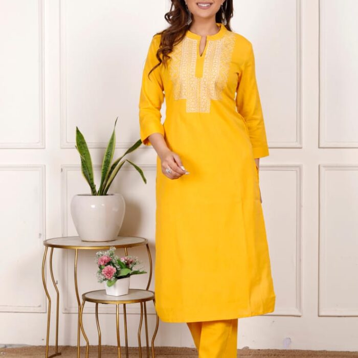 HK Vastra Mustard Yellow Cotton Kurta Set with White Yoke Embroidery for Women