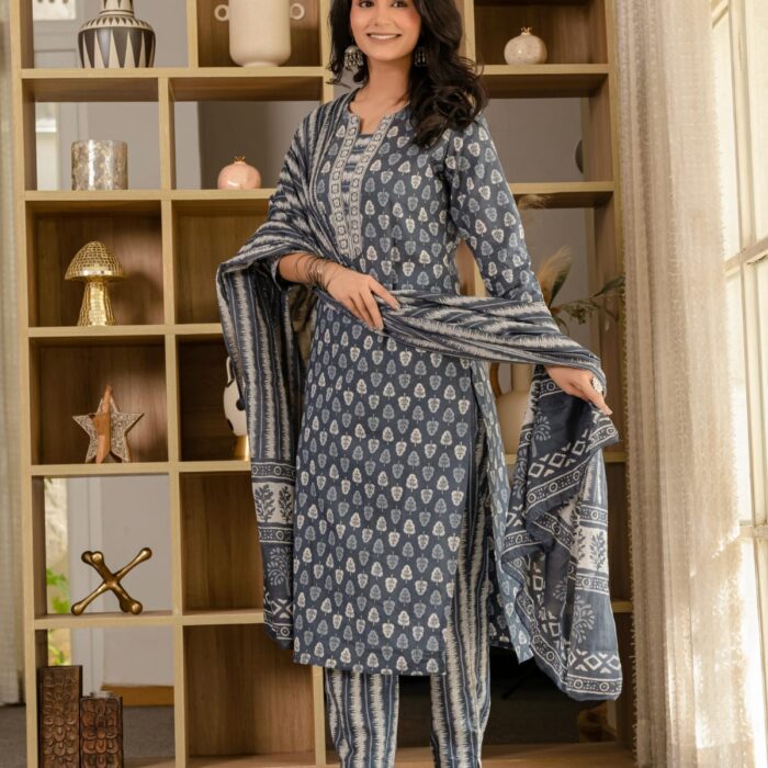 Grey cotton kurta set with white leaf print, matching striped pants and cotton dupatta, ethnic office wear for women by Hk Vastra.
