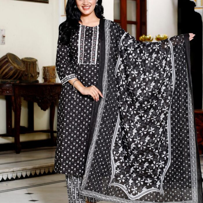 Hk Vastra Black Floral Printed Cotton Kurta with matching pants and floral dupatta for women.