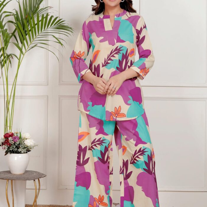 HK Vastra Women's Purple and Abstract Printed Co-ord Set - Stylish V-Neck Top with Matching Pants for Casual and Wear