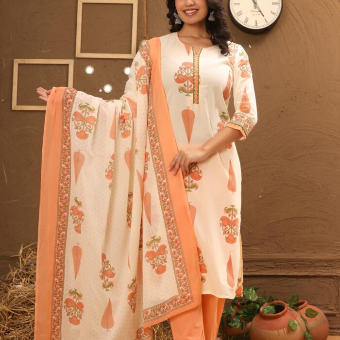 Elegant peach floral cotton 3-piece suit set with dupatta for women - HK Vastra Collection.