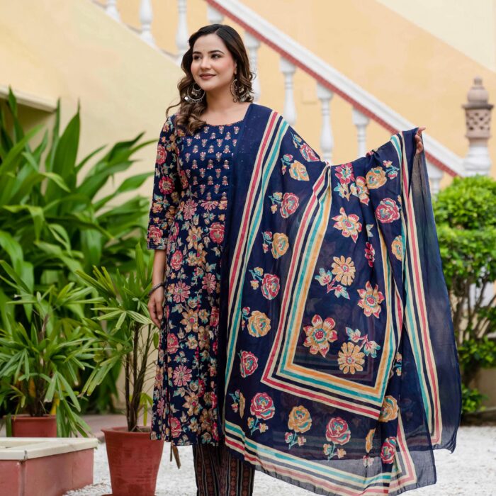 navy blue floral print cotton Anarkali suit with a matching printed dupatta and striped trousers from HK Vastra.
