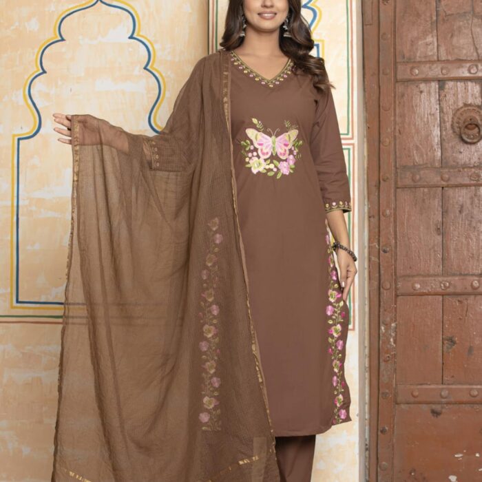 Brown straight kurti with pink butterfly embroidery, matching brown pants, and a sheer brown Kota Doria dupatta from HK Vastra.
