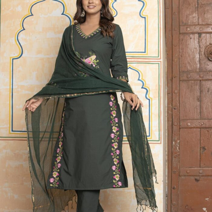 Green straight kurti with pink butterfly embroidery, matching brown pants, and a sheer brown Kota Doria dupatta from HK Vastra.