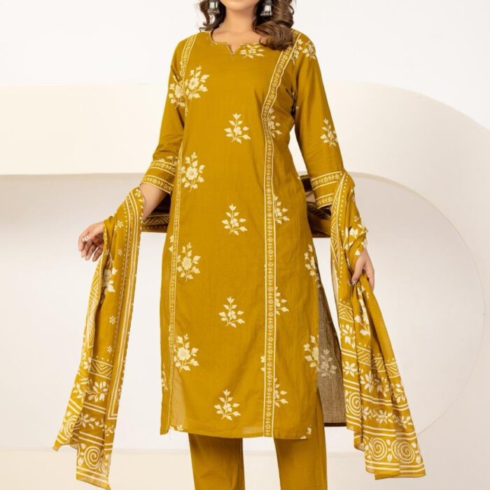 yellow straight kurta with white floral print, matching pants, and a printed dupatta from Hk Vastra.