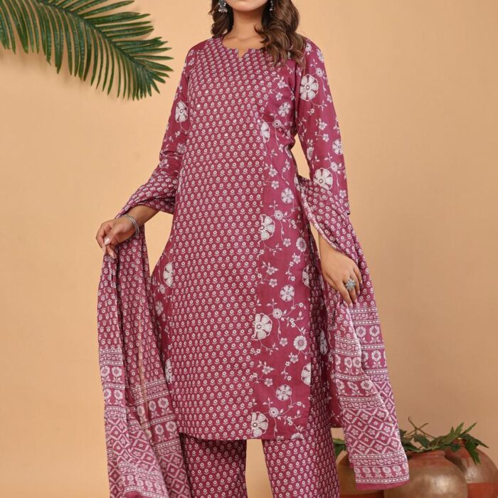Pink Floral Printed Kurta Pant Dupatta Set for Women