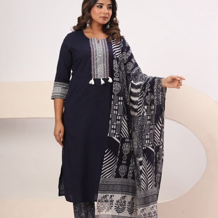 solid navy blue ethnic kurti set with patterned printed pants and matching printed dupatta from HK Vastra