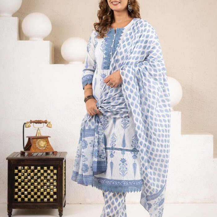 Elegant white and blue printed cotton kurti, pant, and dupatta set featuring intricate lace detailing worn by a model – HK Vastra