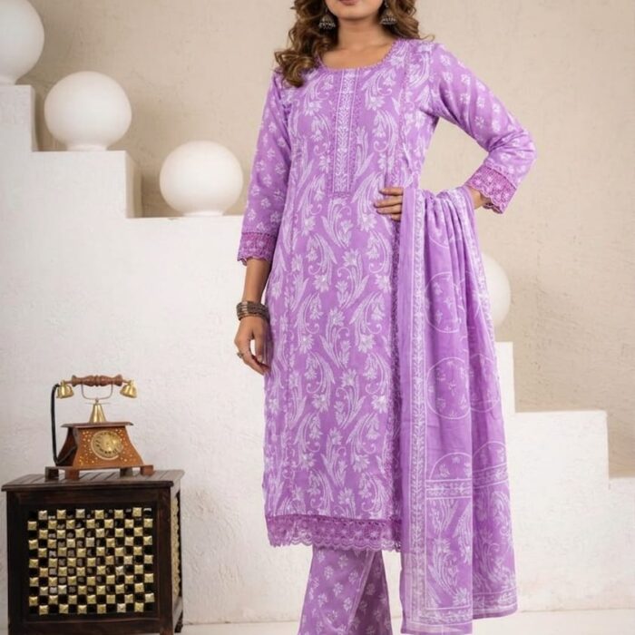 HK Vastra lavender printed cotton kurti pant and dupatta set with lace
