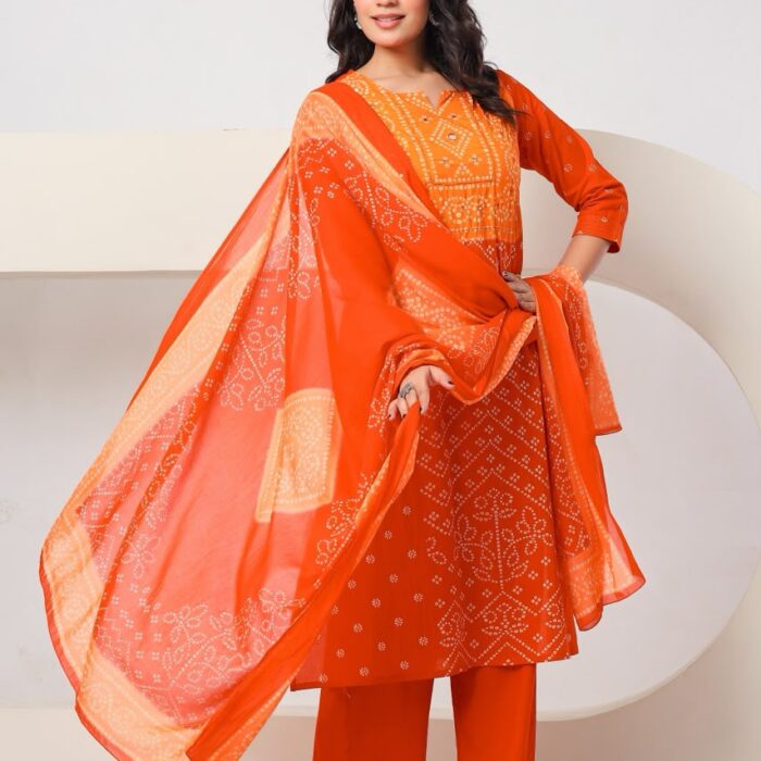 Orange Bandhani A-Line Kurti Palazzo Dupatta Set for Women