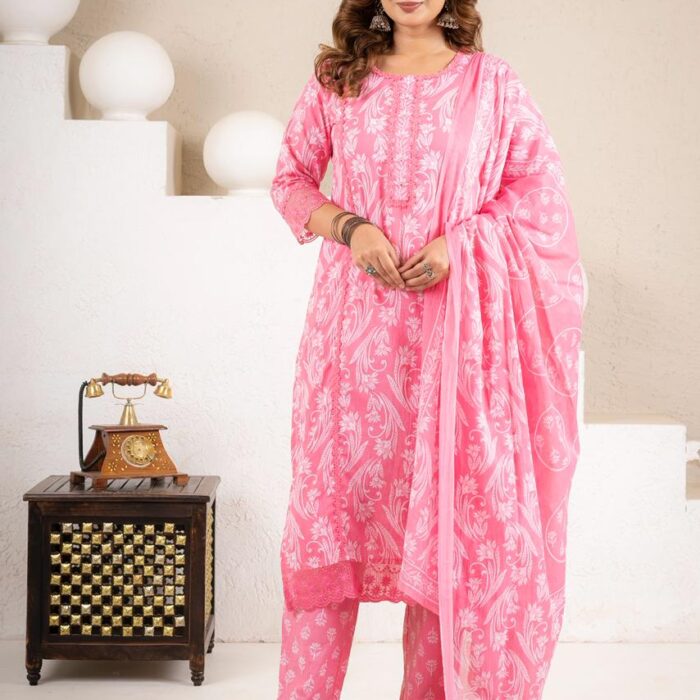 HK Vastra pink printed cotton kurti pant and dupatta set with lace detailing worn by a model.