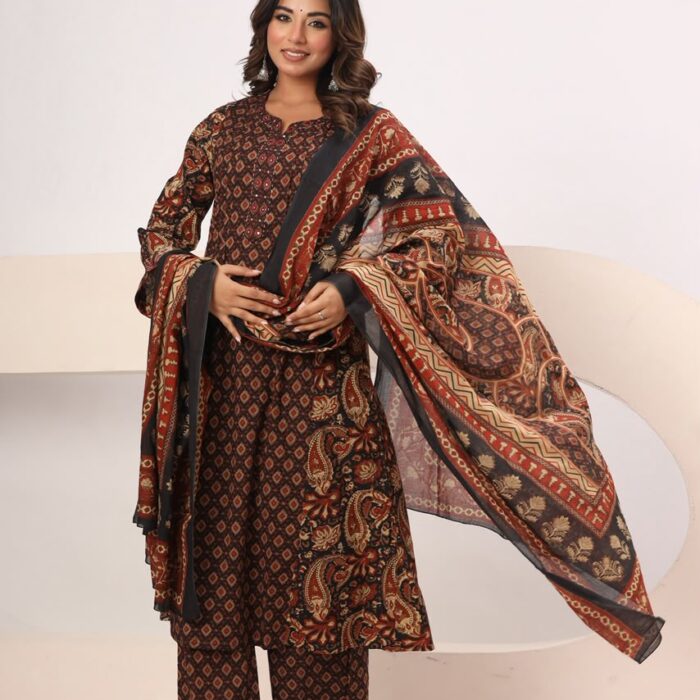 A-line printed black and red ethnic Kurti with matching palazzo pants and a beautifully patterned dupatta