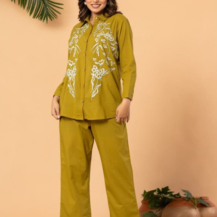 Yellow floral embroidered co-ord set for women featuring a stylish full-sleeve top and matching pants.