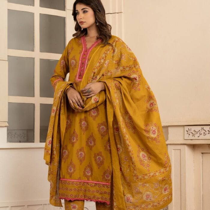 Women's mustard yellow printed stitched 3-piece suit with matching trousers and dupatta