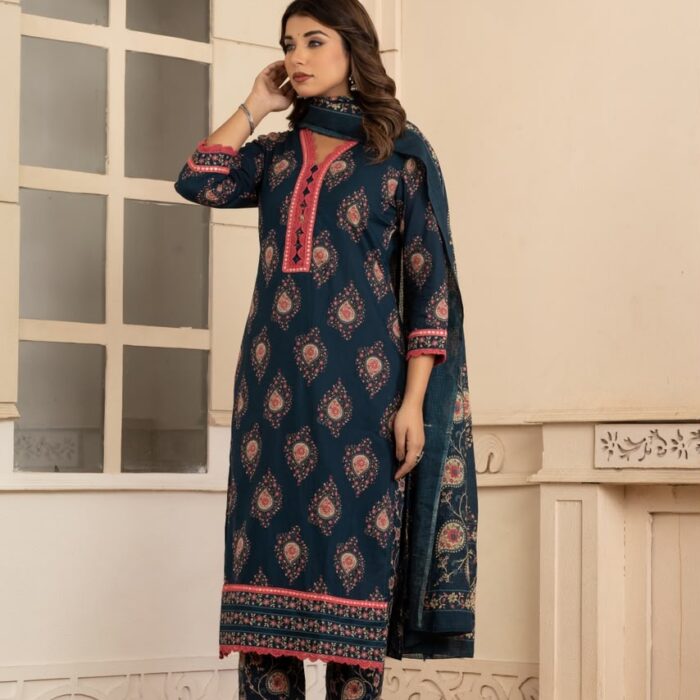 Women's navy blue printed stitched 3-piece suit with matching trousers and dupatta Set