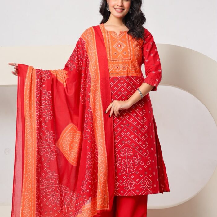 Red Bandhani Print A-Line Kurti with Palazzo Set for Women