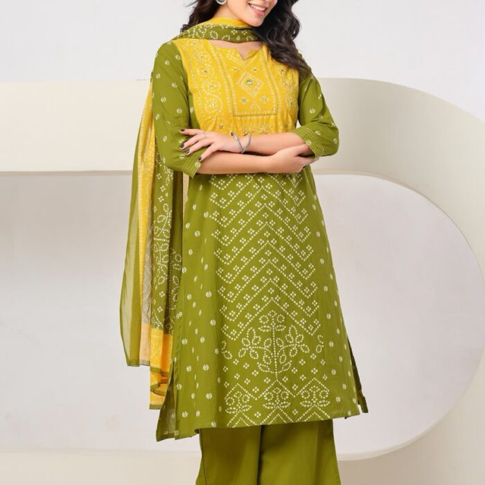 Green and yellow Bandhani print A-line kurti paired with matching palazzo and dupatta Set
