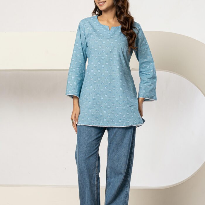 Sky Blue Short Kurti for Women with Back Dori