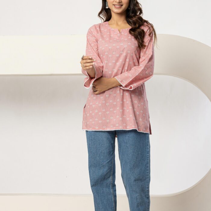 Peach Short Kurti for Women with Stylish Back Dori Detail