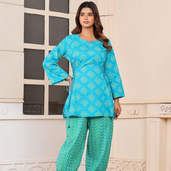 Women's sky blue printed short cotton kurti with green leheriya cotton bottom set by HK Vastra